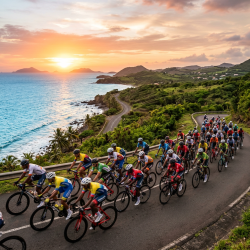 Group of cyclists riding on coastal road at sunset with ocean and hills